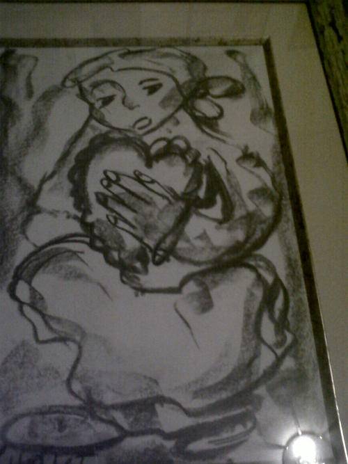 Claerhout, Hartseer vrou met haar hart in haar hande, charcoal op papier