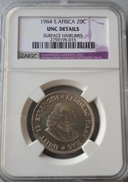 1964 SOUTH AFRICA 20 CENTS - UNC DETAILS + FREE COIN