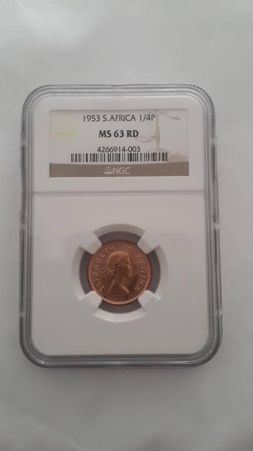 1953 SOUTH AFRICA 1/4 PENNY - NGC GRADED MS63RD - RARE