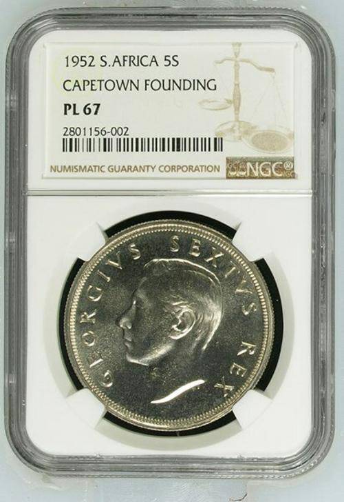 FINEST KNOWN PROOF LIKE - 1952 SOUTH AFRICA 5 SHILLING - NGC GRADED PL67