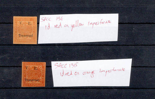 Collection of ZAR V.R. Transvaal overprints - Imperforate 1d on red and yellow