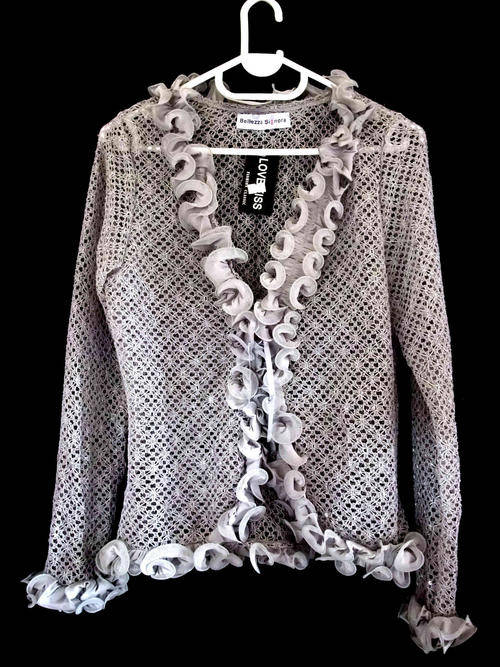 Intricate Weave Lace Net Sequins Silver Top