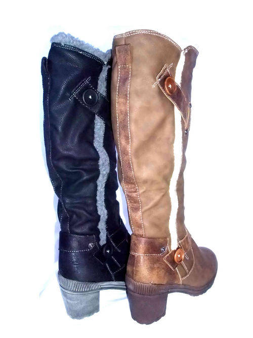 FUR TRIM BUTTON DETAIL KNEE HIGH BOOTS Black,Khaki Sizes 4 - 6