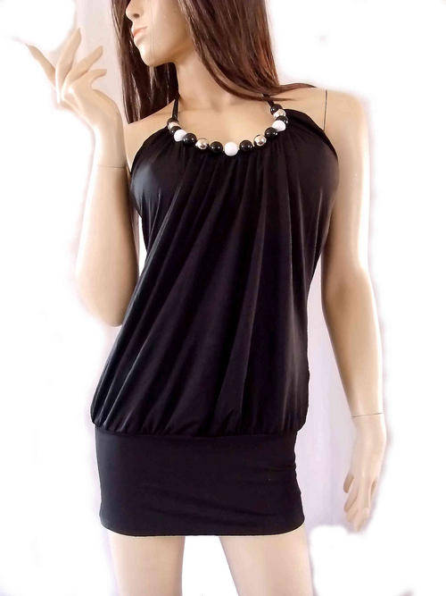 Sexy Halter Neck Beads Short Dress/Top Black Sizes 30-38