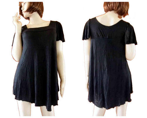 Angel Wing Sleeve Round Hem Long Top Black 38/40