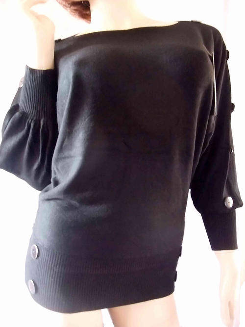 Cotton Boat Neck Dolman Sleeve Button Decor Black Top 38/40