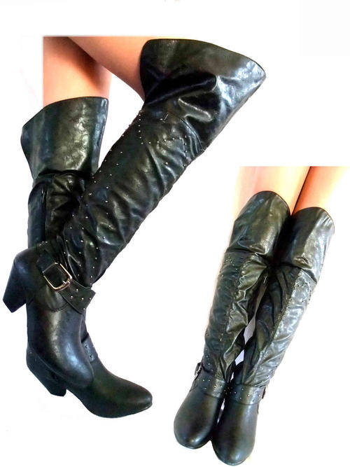 Pleather Knee Height Studded Boots Black Sizes: 3 , 6 , 7