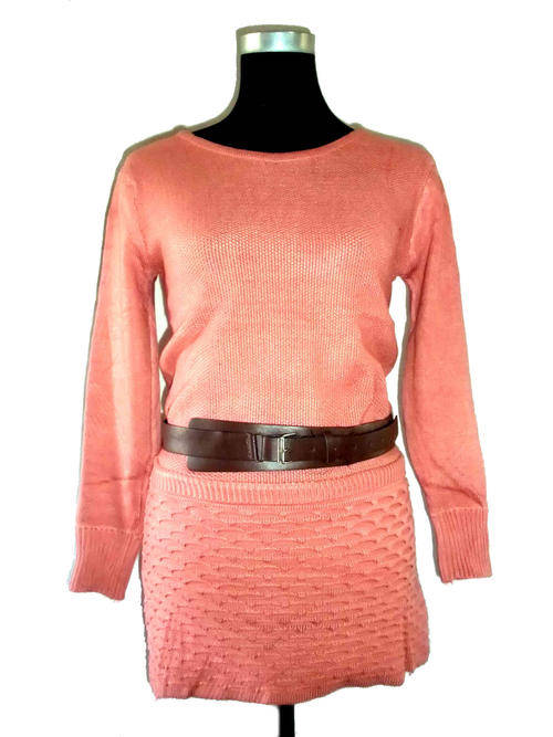 Scoop Front Long Knitwear With Belt Coral One Size
