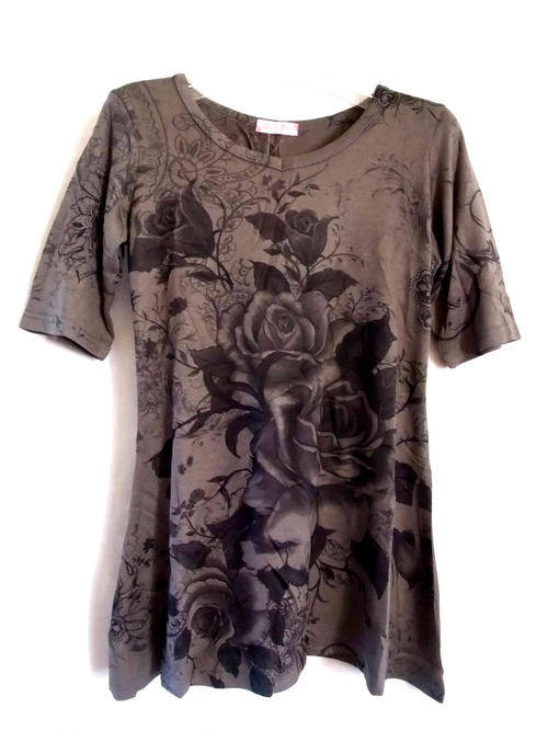 Super Stretchy Elbow Length Sleeves Floral Shaped Waist T-Shirt Charcoal