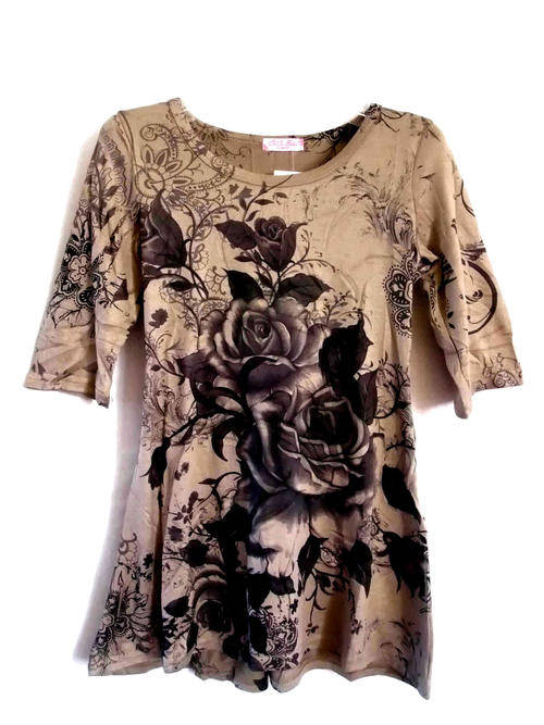 Super Stretchy Elbow Length Sleeves Floral Shaped Waist T-Shirt Camel