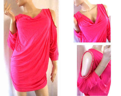 100% Cotton Open Shoulder Loose Long Top Fuchsia 1 Size (36-42)