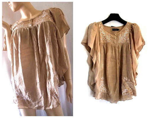 Flutter Sleeve Embroidered Tunic Top Camel Size 36/38