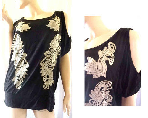 Open Shoulder Cotton Elegant Style Top Black/Khaki Size 40/42