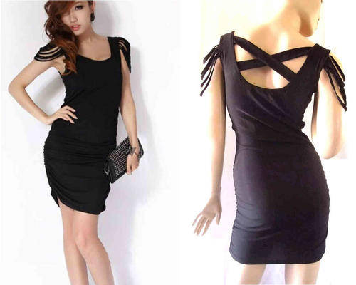 Sexy Tassel Shoulder Cross Back Evening Dress Black Size 36/38