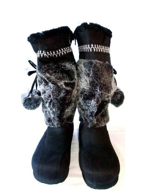 Warm Faux Fur Pom Pom Balls Boots Black Size 7