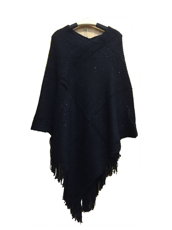 Acrylic Poncho with Fringe and Sequins One Size Colors Available: Red,Navy Blue