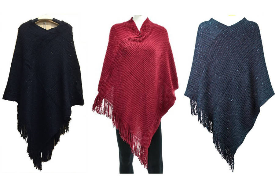 Acrylic Poncho with Fringe and Sequins One Size Colors Available: Red,Navy Blue