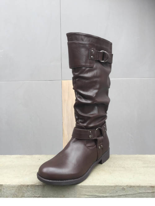 Wide Calf High Leg boots Low Heel With Buckles Brown Sizes 3,4,5,6,8