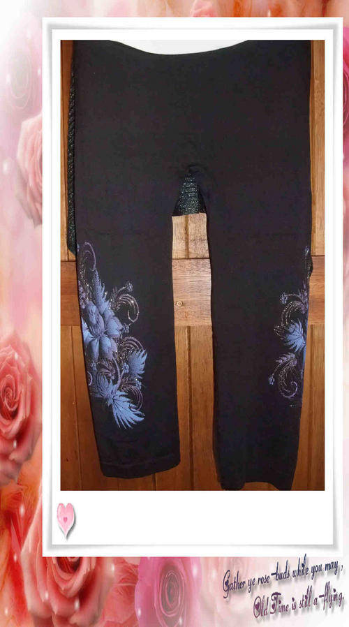 Below Knee Black Leggings With Blue Floral Glitter Detail