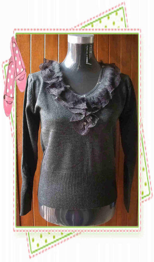 LONG Sleeve LACE+FUR Trim KNITTED Top -  BLACK