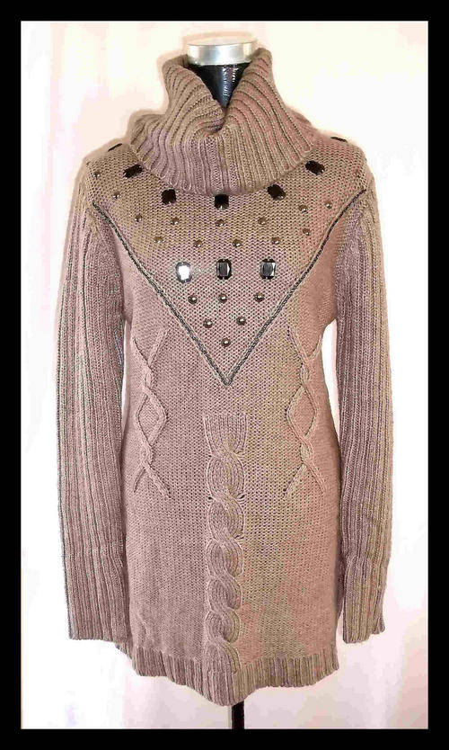 Turtleneck Elegant Long Jersey With Pretty Pattern Color: Camel