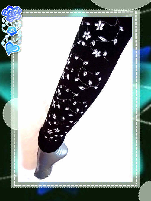Black Leggings With White Floral Glitter Detail