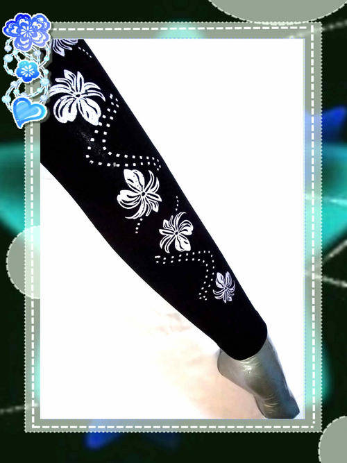 Black Leggings With Silver Floral Glitter Detail