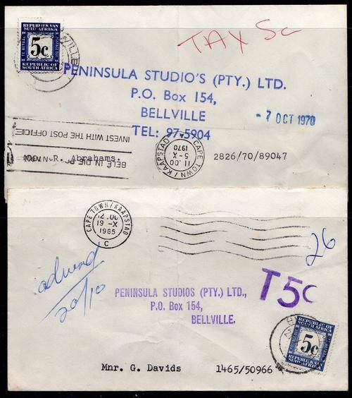 1961 and 1970 SA  Two covers with 5 cent dues. VFU