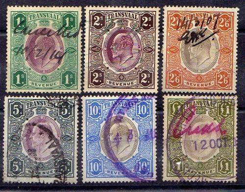 1902 TRANSVAAL selection of 6 EDWARD revenues to 1 pound. VFU