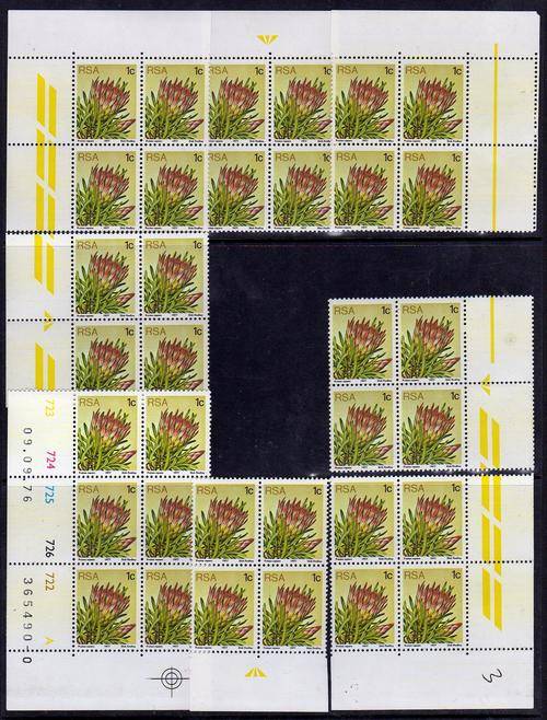 1977 SA Protea def. 1c Minisheet of all 4 corners plus 4 arrows. MNH