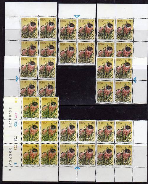 1977 SA Protea def. 3c Minisheet of all 4 corners plus 4 arrows. MNH