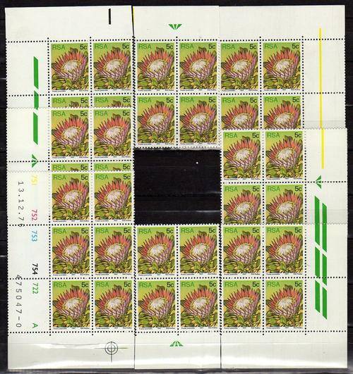 1977 SA Protea def. 5c Minisheet of all 4 corners plus 4 arrows. MNH