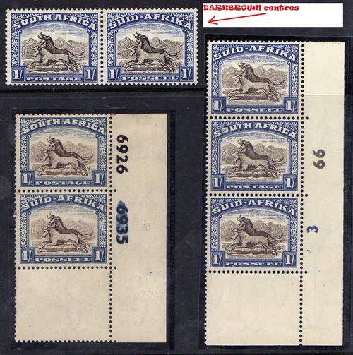 1950 SA Screened 1 shilling lot x 3 , one with Blackish centres. MNH