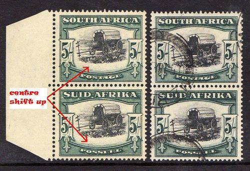 1933 SA Hyphen 5 shillings x 2. One with huge Vignette shift upwards. MNH/VFU