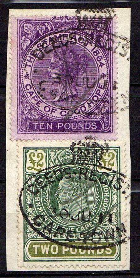 1911 CAPE Scarce Victoria highvalue 10 pounds Revenue on fragment.