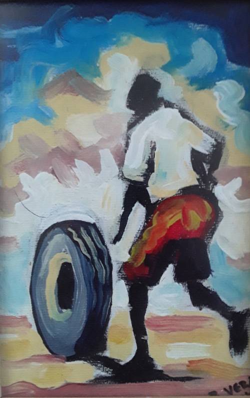 Small mixed media painting by `Blessing Tapiwa Vera`.  `Pushing a Tyre` .