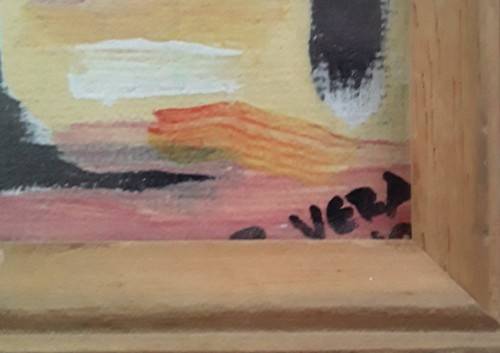Small mixed media painting by `Blessing Tapiwa Vera`.  `Pushing a Tyre` .