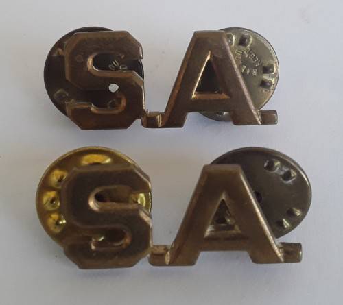 Pair SADF `S.A.` Brass Shoulder Titles. Pins intact.