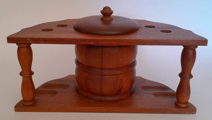 Vintage Solid Wood Pipe Stand For 4 Pipes With Tobacco Jar.