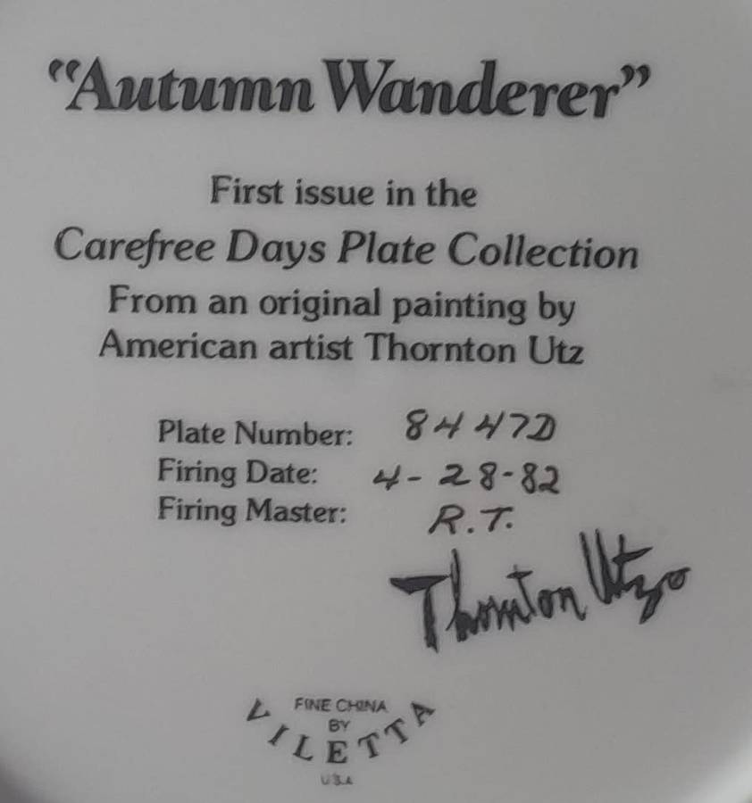 Vintage Plate By Viletta. `Autumn Wanderer ` By Artist `Thornton Utz`. Signed And Dated. 22 cm.