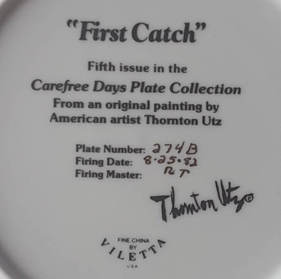 Vintage Plate By Viletta. `First Catch` By Artist `Thornton Utz`. Signed And Dated. 22 cm.