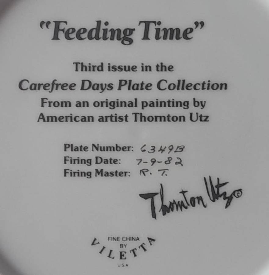Vintage Plate By Viletta. `Feeding Time` By Artist `Thornton Utz`. Signed And Dated. 22 cm.