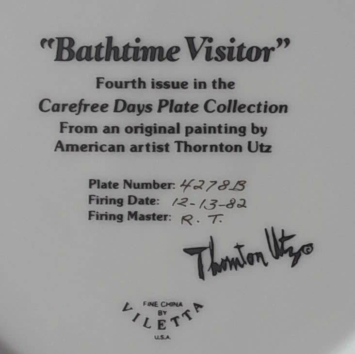 Vintage Plate By Viletta. `Bathtime Visitor` By Artist `Thornton Utz`. Signed And Dated. 22 cm.