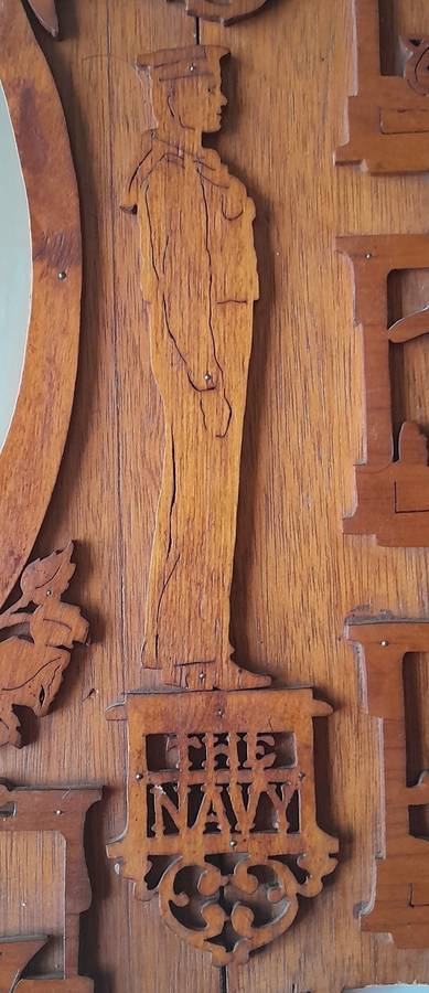 WW2 Hand Carved Oak And Walnut Hanging Mirror Wall Display. Dated 1939. 67 x 50 cm.