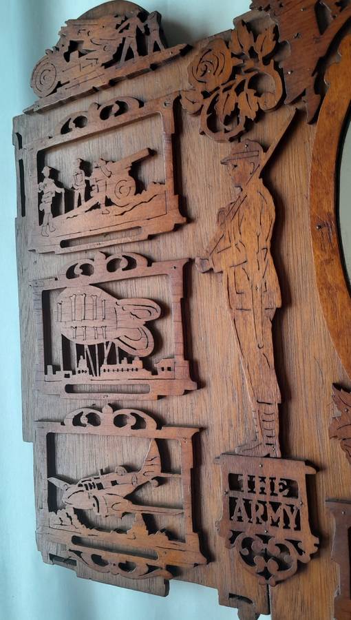 WW2 Hand Carved Oak And Walnut Hanging Mirror Wall Display. Dated 1939. 67 x 50 cm.