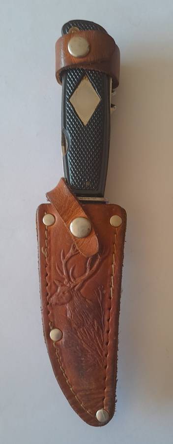 Vintage Solingen Germany Fixed-Blade Hunting Knife with Leather Sheath.  17cm