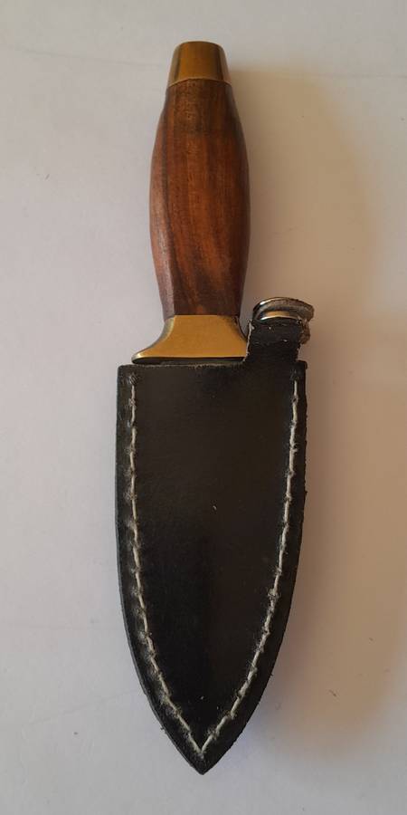 Vintage Boot Knife.  Brass, Steel And Wood With Leather Sheath.  Probably Pakistani.  15cm.