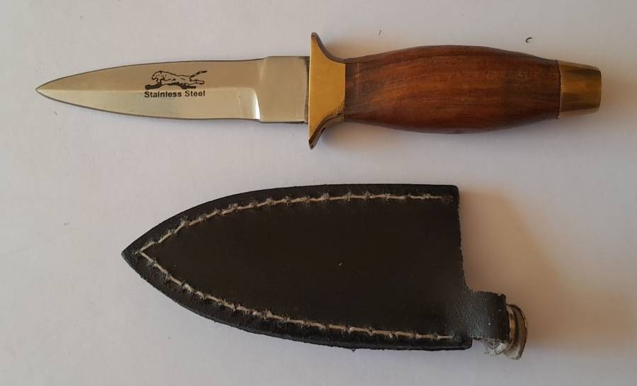 Vintage Boot Knife.  Brass, Steel And Wood With Leather Sheath.  Probably Pakistani.  15cm.