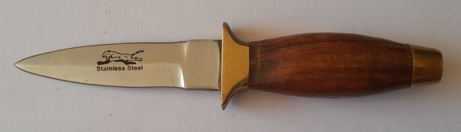 Vintage Boot Knife.  Brass, Steel And Wood With Leather Sheath.  Probably Pakistani.  15cm.