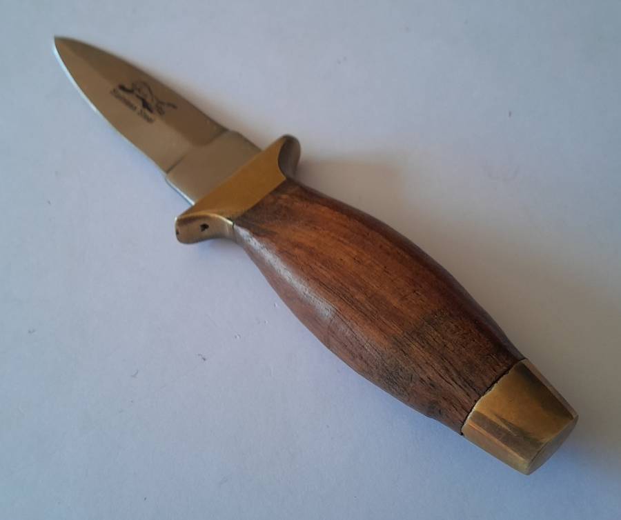 Vintage Boot Knife.  Brass, Steel And Wood With Leather Sheath.  Probably Pakistani.  15cm.